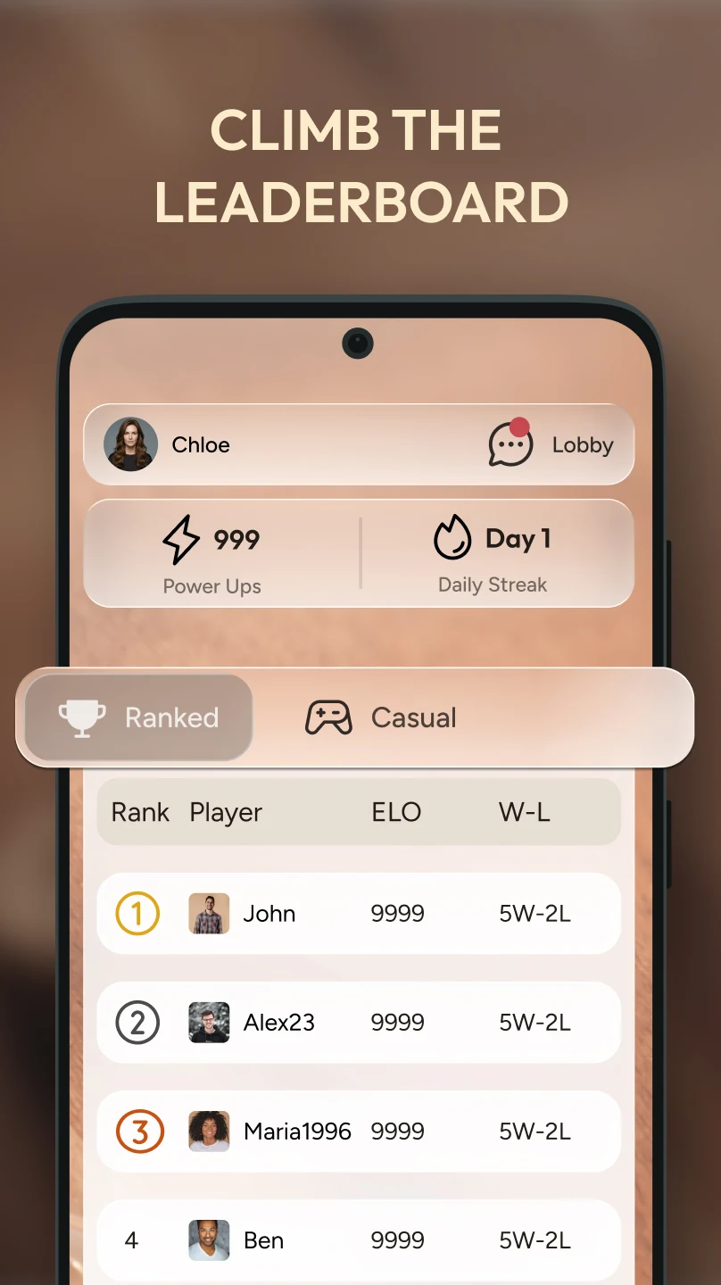 A leaderboard with ELO ratings and ranked matches in the Android backgammon app