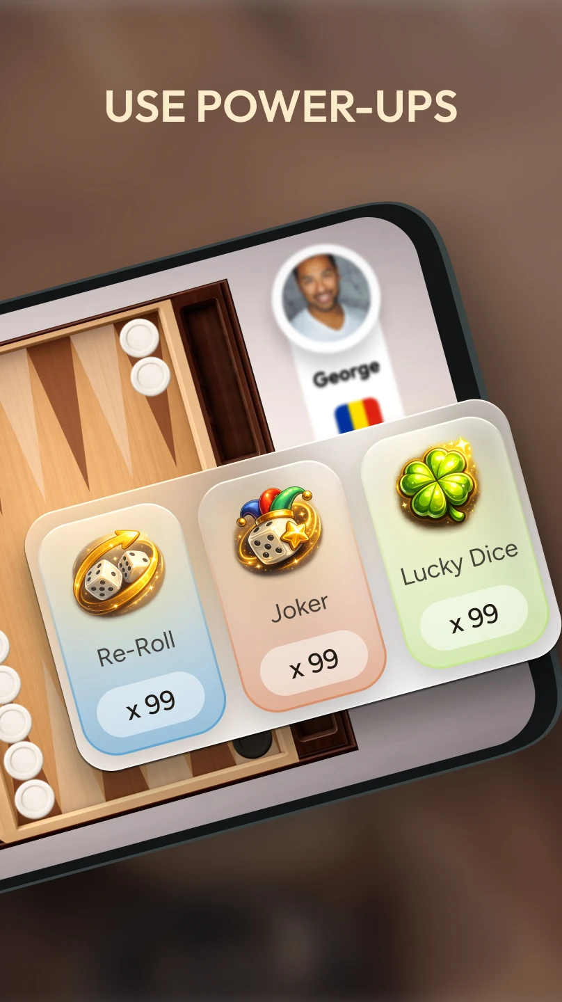 Re-Roll, Joker and Lucky Dice power-ups in the online backgammon app