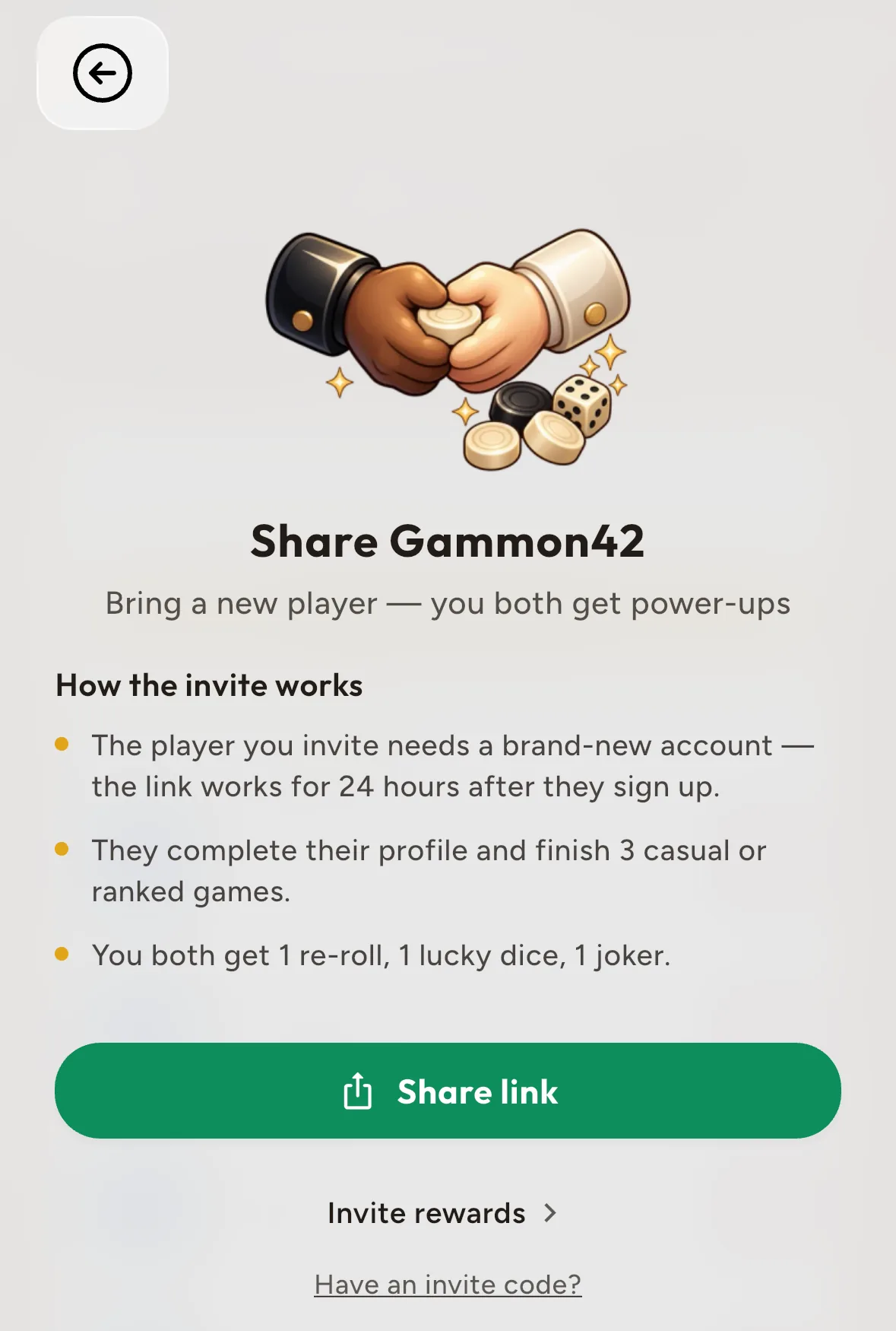 The invite screen in Gammon42: invite link and power-up rewards for you and your friend