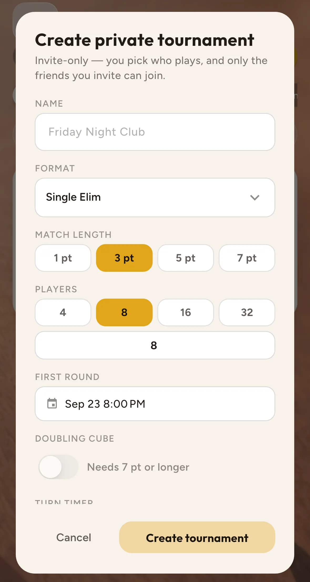 The private backgammon tournament creation form in Gammon42: format, number of players, match length and rules