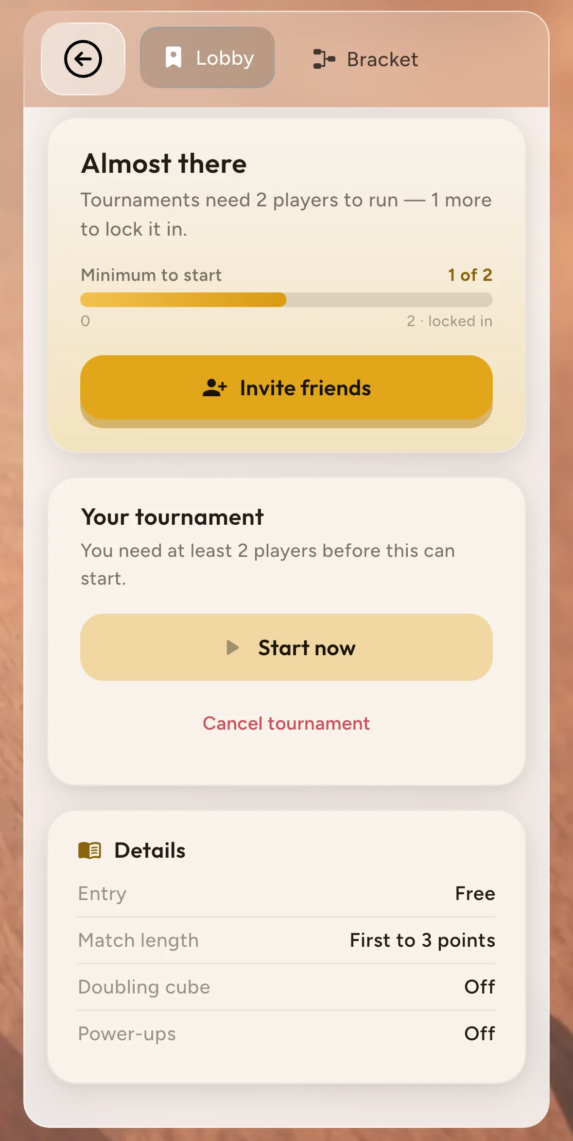 The lobby of a private backgammon tournament, with the invited players and the Start now button for the organizer