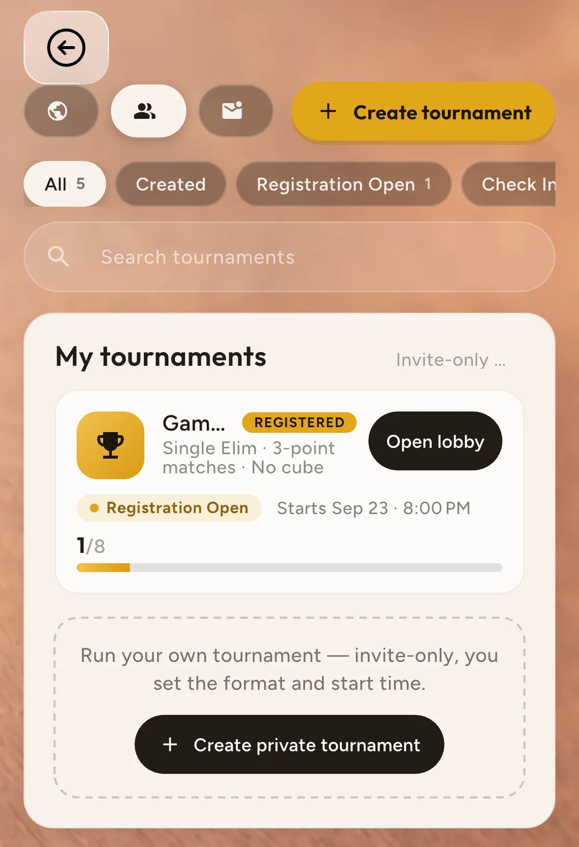 The My tournaments list in Gammon42, with a private backgammon tournament and the Create private tournament button