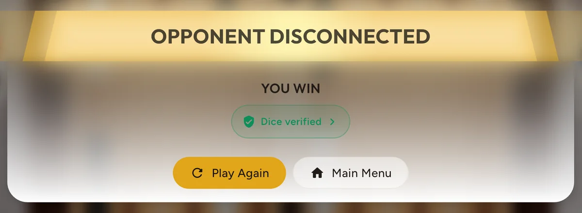 The result screen of an online game in Gammon42, with the Dice verified badge