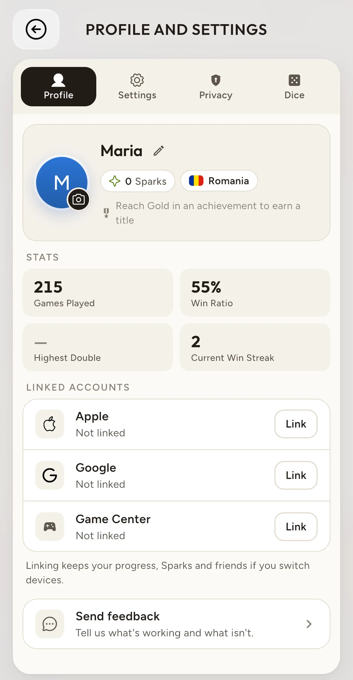 The Gammon42 profile with the Sparks balance and the Linked Accounts list, including Game Center