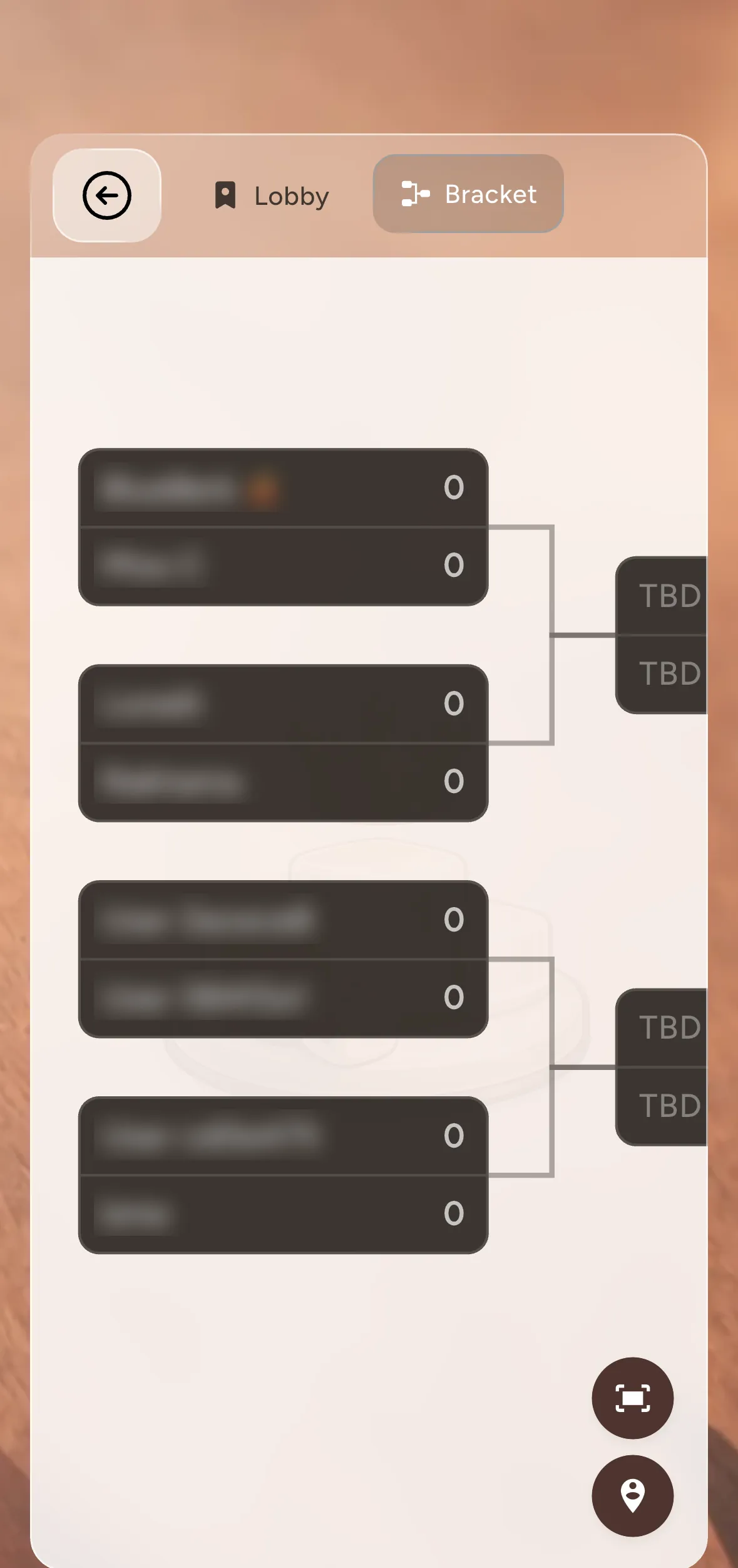 Cuadro de un torneo de backgammon por eliminación directa en la app Gammon42